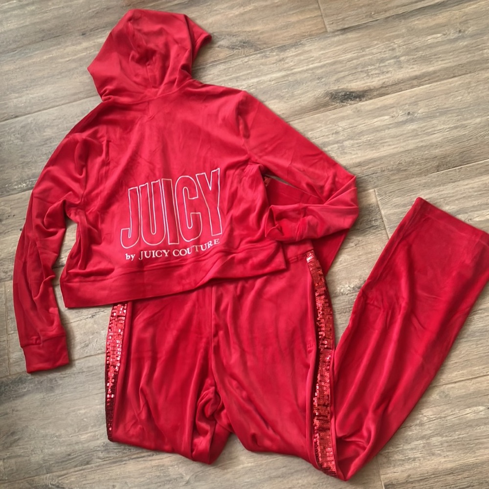 💋Juicy Couture set bling sequins red velour 2 piece set sz XL NWT
